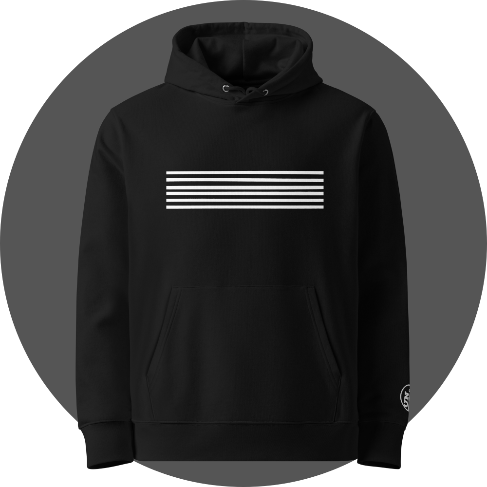 un4rt - the image shows the front of a black cotton hoodie with a print of six horizontal white stripes. also a white "UN4RT"-logo embroidery on the left sleeve. only the upper part of the embroidery is visible.