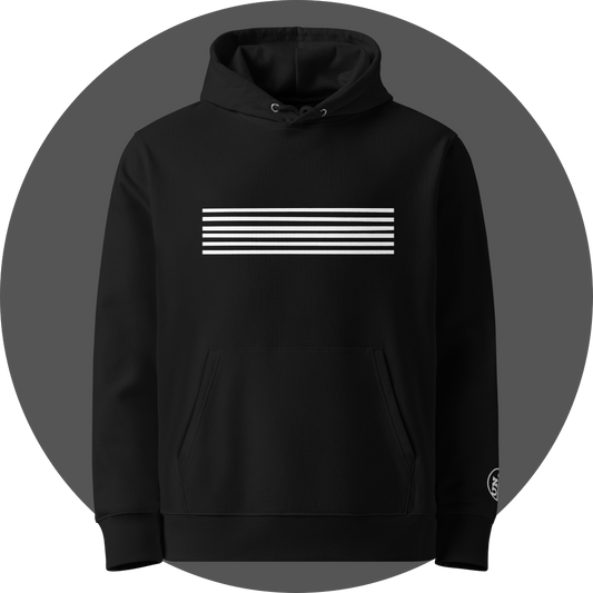 un4rt - the image shows the front of a black cotton hoodie with a print of six horizontal white stripes. also a white "UN4RT"-logo embroidery on the left sleeve. only the upper part of the embroidery is visible.