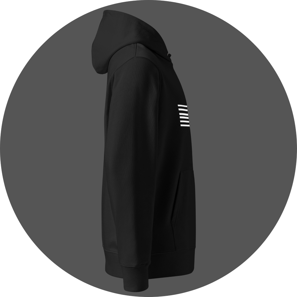 un4rt - the image shows the right side of a black cotton t-shirt with a print of six horizontal white stripes on the front.