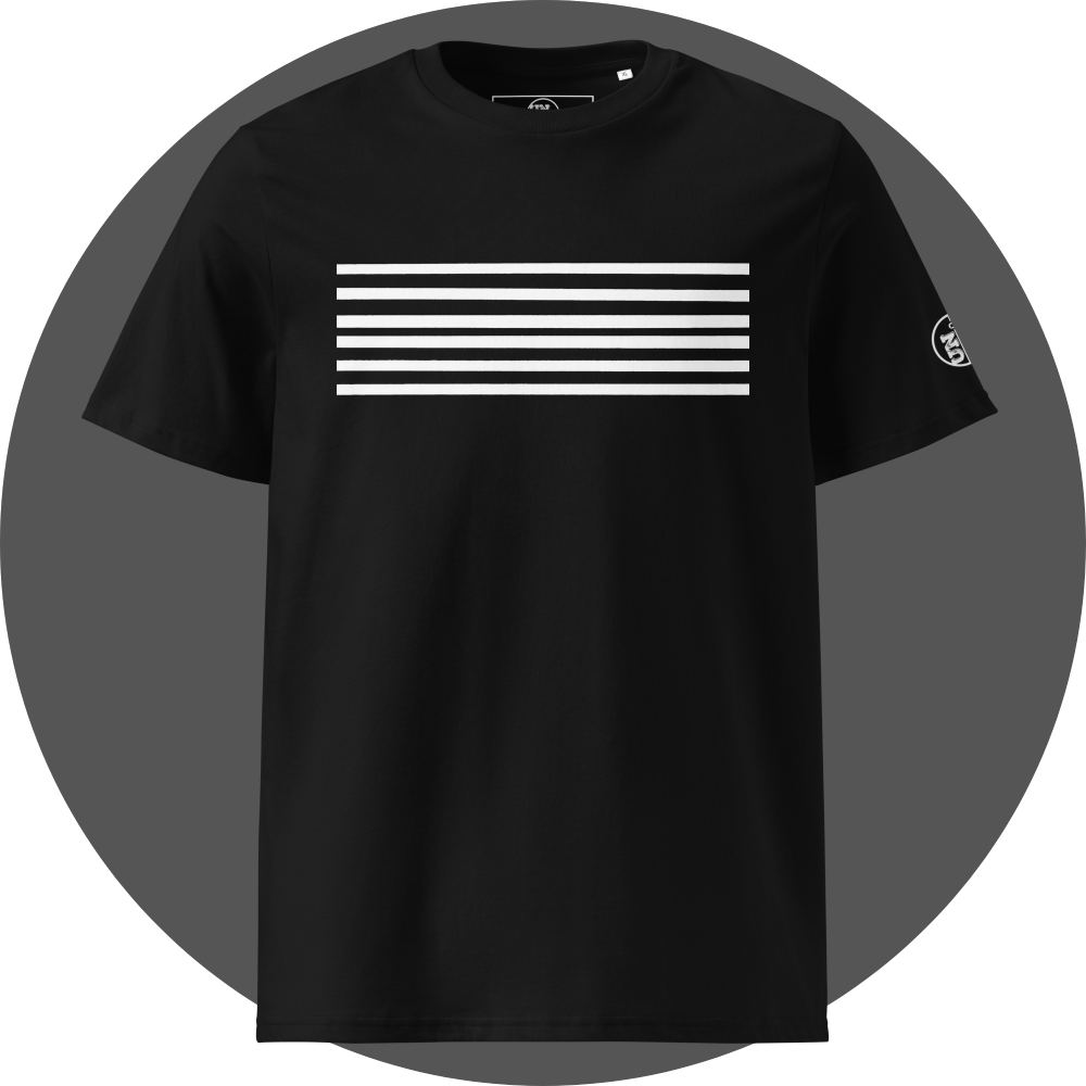 un4rt - the image shows the front of a black cotton t-shirt with a print of six horizontal white stripes. also a white "UN4RT"-logo is printed on the left sleeve.