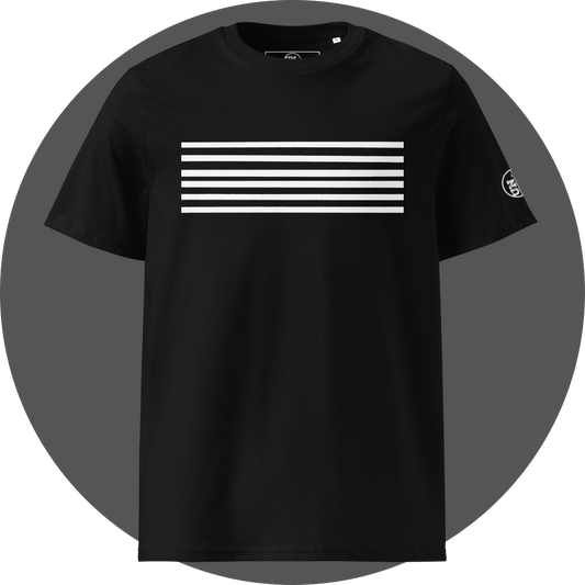 un4rt - the image shows the front of a black cotton t-shirt with a print of six horizontal white stripes. also a white "UN4RT"-logo is printed on the left sleeve.