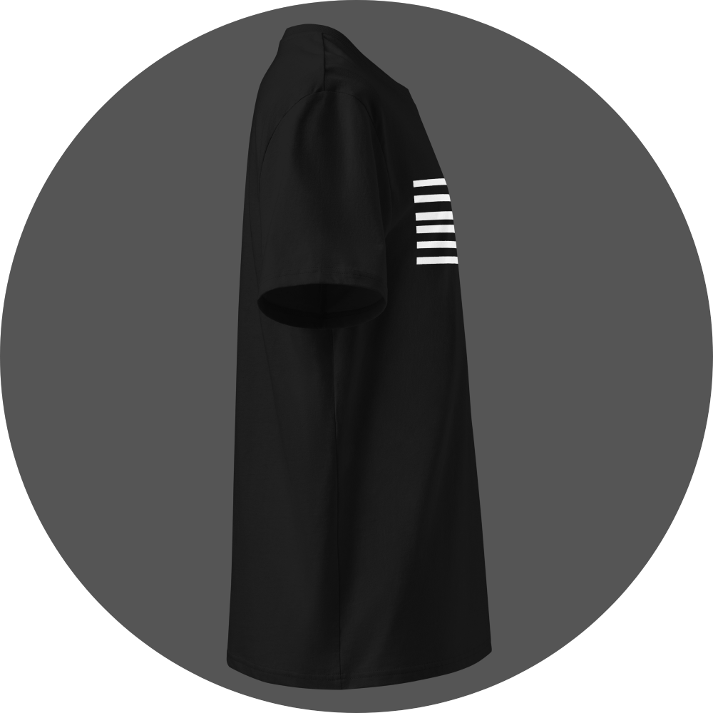 un4rt - the image shows the right side of a black cotton t-shirt with a print of six horizontal white stripes on the front.