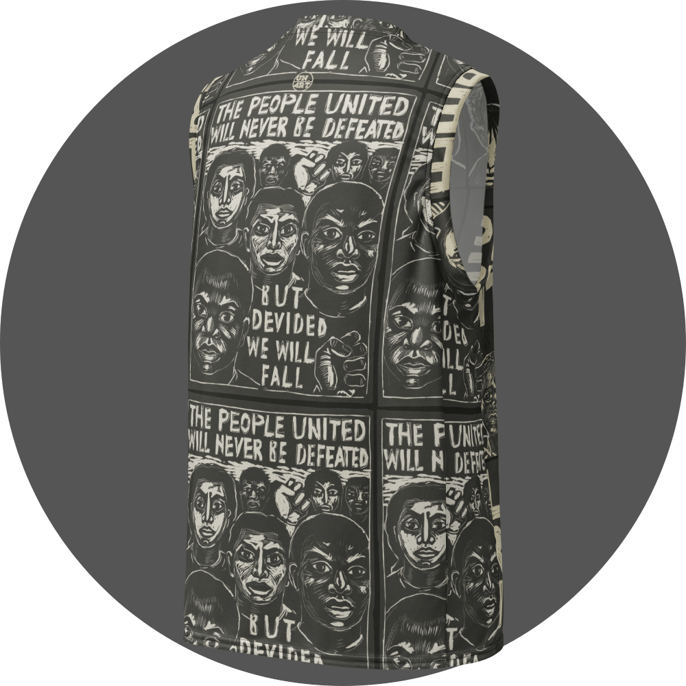 un4rt - the image shows the back of a basketball jersey with an allover print. the print is two colored and the motif repeats itself. the motif shows protestors of various races. the text reads: "the people united will never be defeated - but devided we will fall".