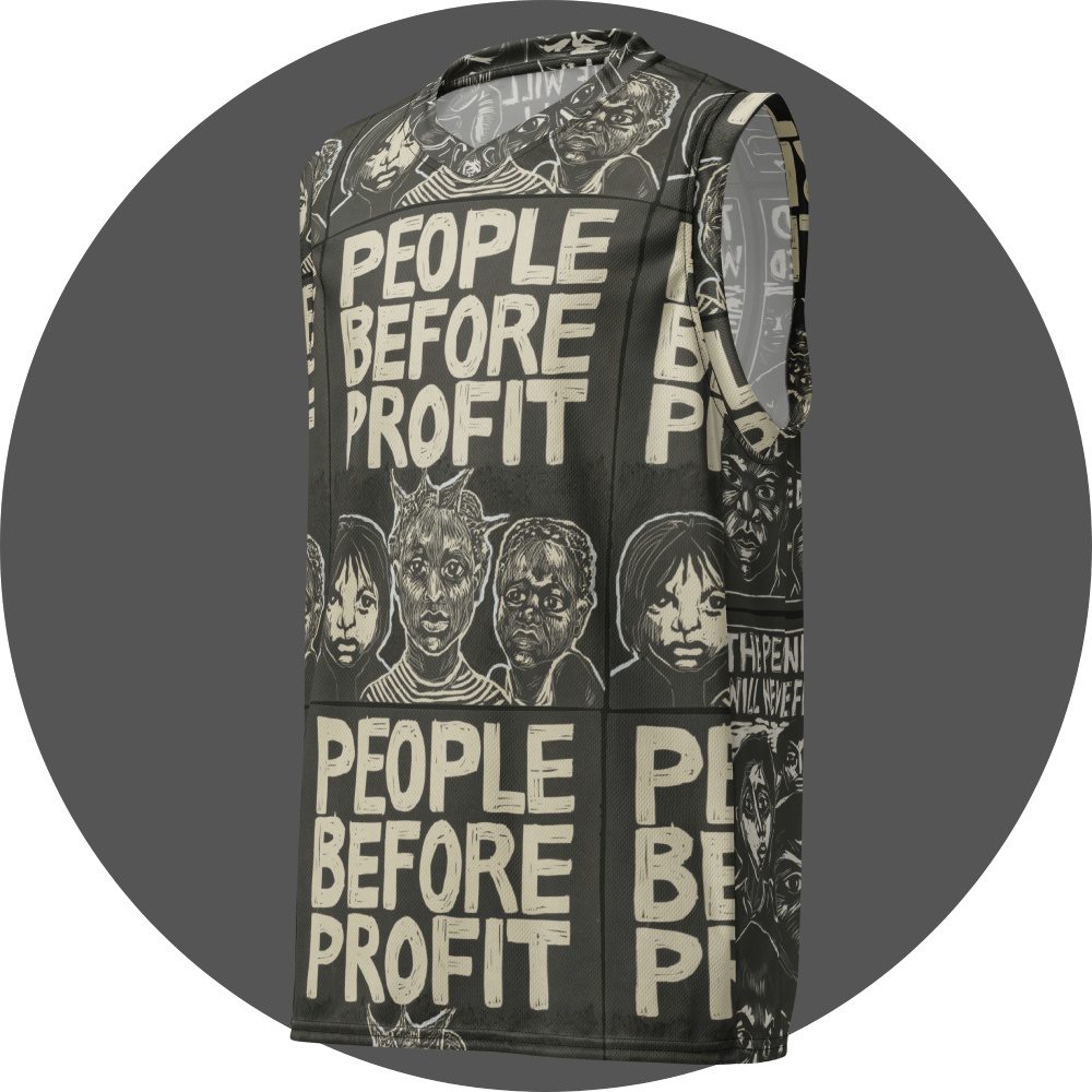 un4rt - the image shows the front of a basketball jersey with an allover print. the print is two colored and the motif repeats itself. the motif shows young humans of various races. the text reads: "people before profit".