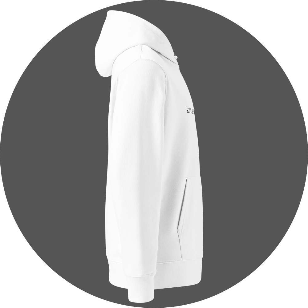 un4rt - the image shows the right side of a white cotton hoodie with a black print on the front.