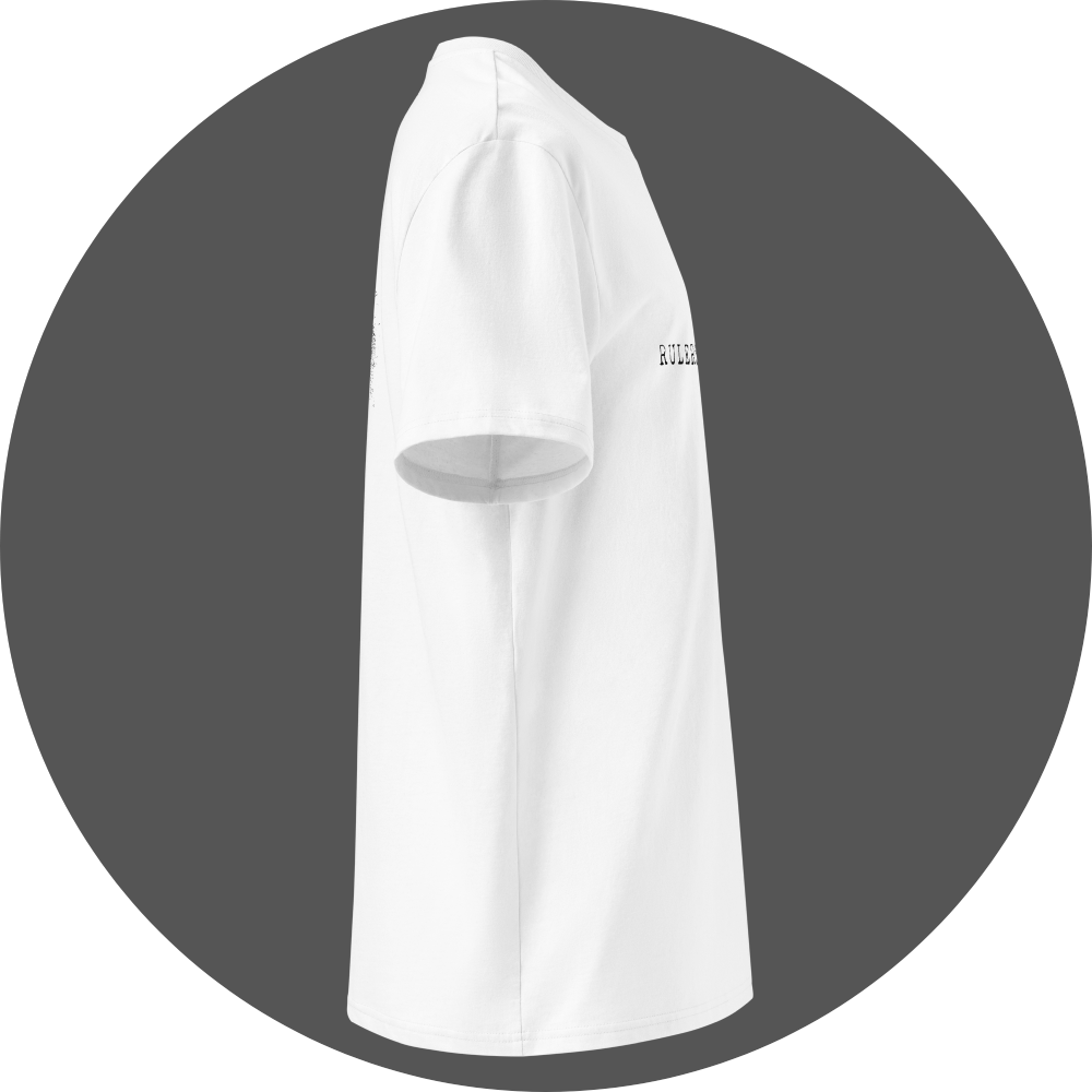 un4rt - the image shows the right side of a white cotton t-shirt with a black print on the front.