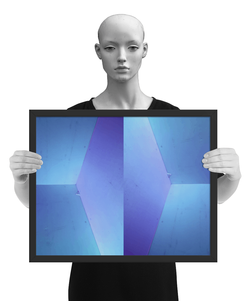 un4rt - the photographie shows an upper corner of a cooling cell, light in blue colors with gradients. the whole image contains the photographie for 2 times and one of the photographies is mirrored. the image is framed and presented by a mannequin in black and white.