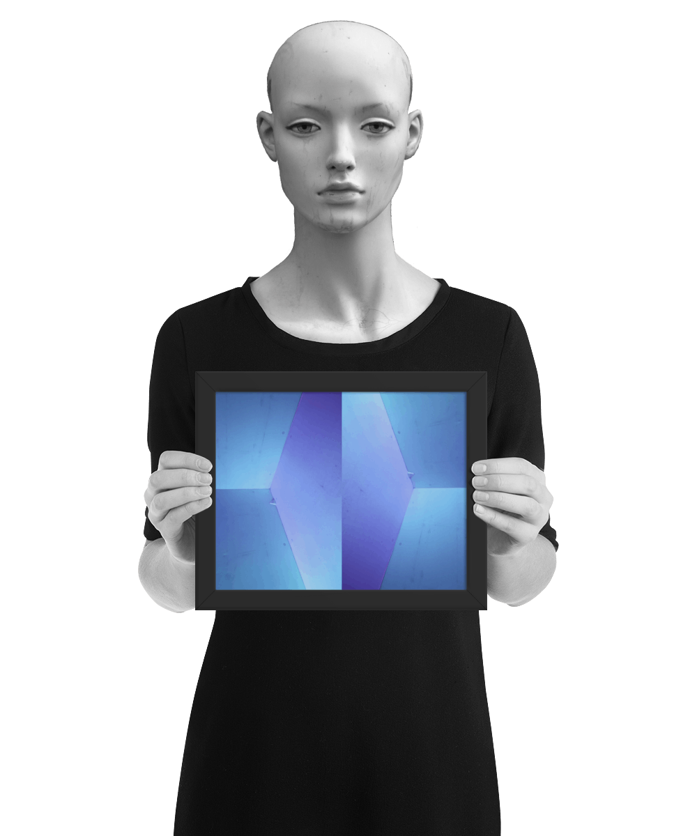 un4rt - the photographie shows an upper corner of a cooling cell, light in blue colors with gradients. the whole image contains the photographie for 2 times and one of the photographies is mirrored. the image is framed and presented by a mannequin in black and white.
