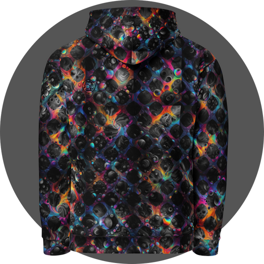 un4rt - the image shows the back of a hoodie with images with bubbles and cosmic enery lines in the background. the background is overlayed by a grid pattern with rounded squares. the background images are colorfull (rainbow colors). the background shines through the whole grid, but inside the rounded squares of the grid the backround is black and white.