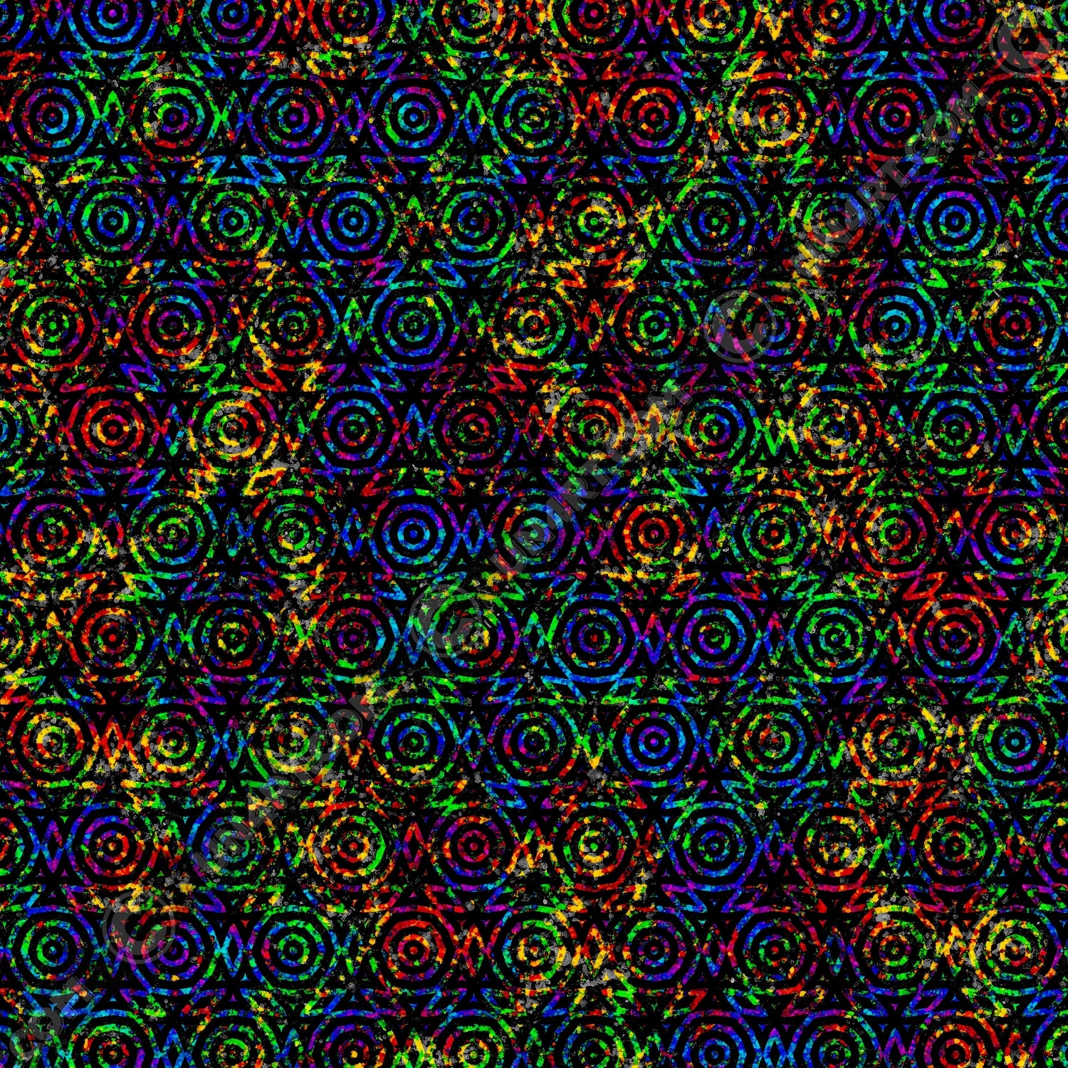 un4rt - the image shows two superimposed images. the lower image is colorful and shows a wild color pattern. above it lies a repeating pattern of black circles and triangles. in the areas between the circles and triangles, the lower image shines through in all colors. within the black lines of the upper image, the lower image can only be seen in black and white.