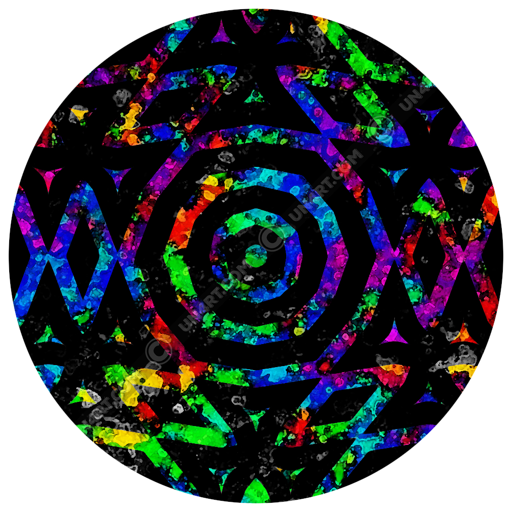 un4rt - the image shows two superimposed images. the lower image is colorful and shows a wild color pattern. above it lies a pattern of black circles and triangles. in the areas between the circles and triangles, the lower image shines through in all colors. within the black lines of the upper image, the lower image can only be seen in black and white.