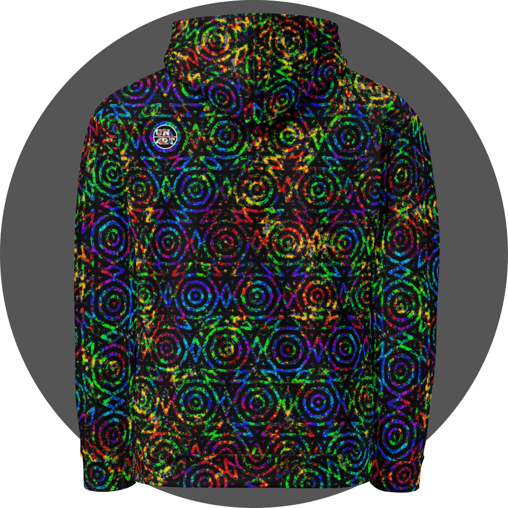 un4rt - the image shows the back of a hoodie with two superimposed images. the lower image is colorful and shows a wild color pattern. above it lies a repeating pattern of black circles and triangles. in the areas between the circles and triangles, the lower image shines through in all colors. within the black lines of the upper image, the lower image can only be seen in black and white.