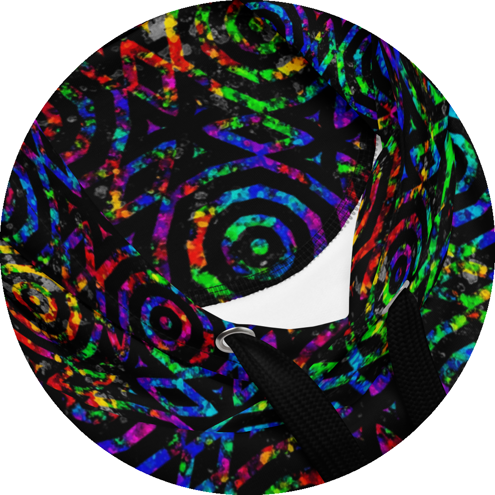 un4rt - the image shows details of a hoodie with two superimposed images. the lower image is colorful and shows a wild color pattern. above it lies a repeating pattern of black circles and triangles. in the areas between the circles and triangles, the lower image shines through in all colors. within the black lines of the upper image, the lower image can only be seen in black and white.