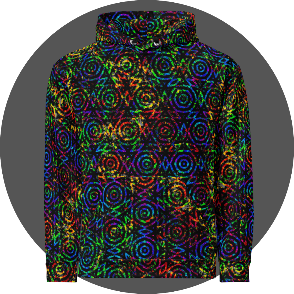 un4rt - the image shows the front of a hoodie with two superimposed images. the lower image is colorful and shows a wild color pattern. above it lies a repeating pattern of black circles and triangles. in the areas between the circles and triangles, the lower image shines through in all colors. within the black lines of the upper image, the lower image can only be seen in black and white.