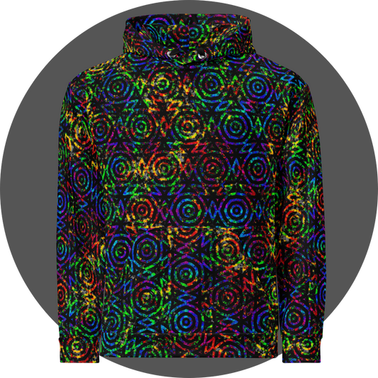 un4rt - the image shows the front of a hoodie with two superimposed images. the lower image is colorful and shows a wild color pattern. above it lies a repeating pattern of black circles and triangles. in the areas between the circles and triangles, the lower image shines through in all colors. within the black lines of the upper image, the lower image can only be seen in black and white.