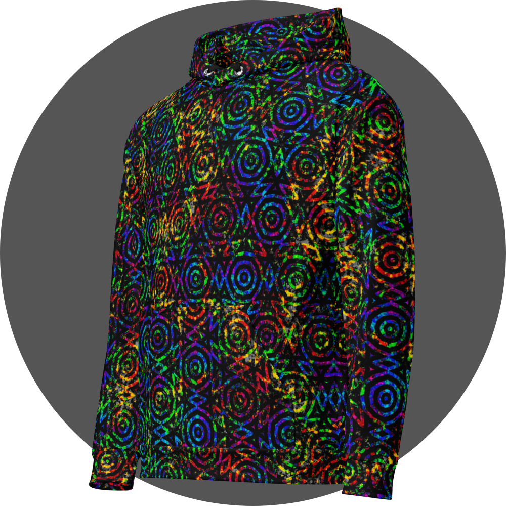 un4rt - the image shows the left front of a hoodie with two superimposed images. the lower image is colorful and shows a wild color pattern. above it lies a repeating pattern of black circles and triangles. in the areas between the circles and triangles, the lower image shines through in all colors. within the black lines of the upper image, the lower image can only be seen in black and white.