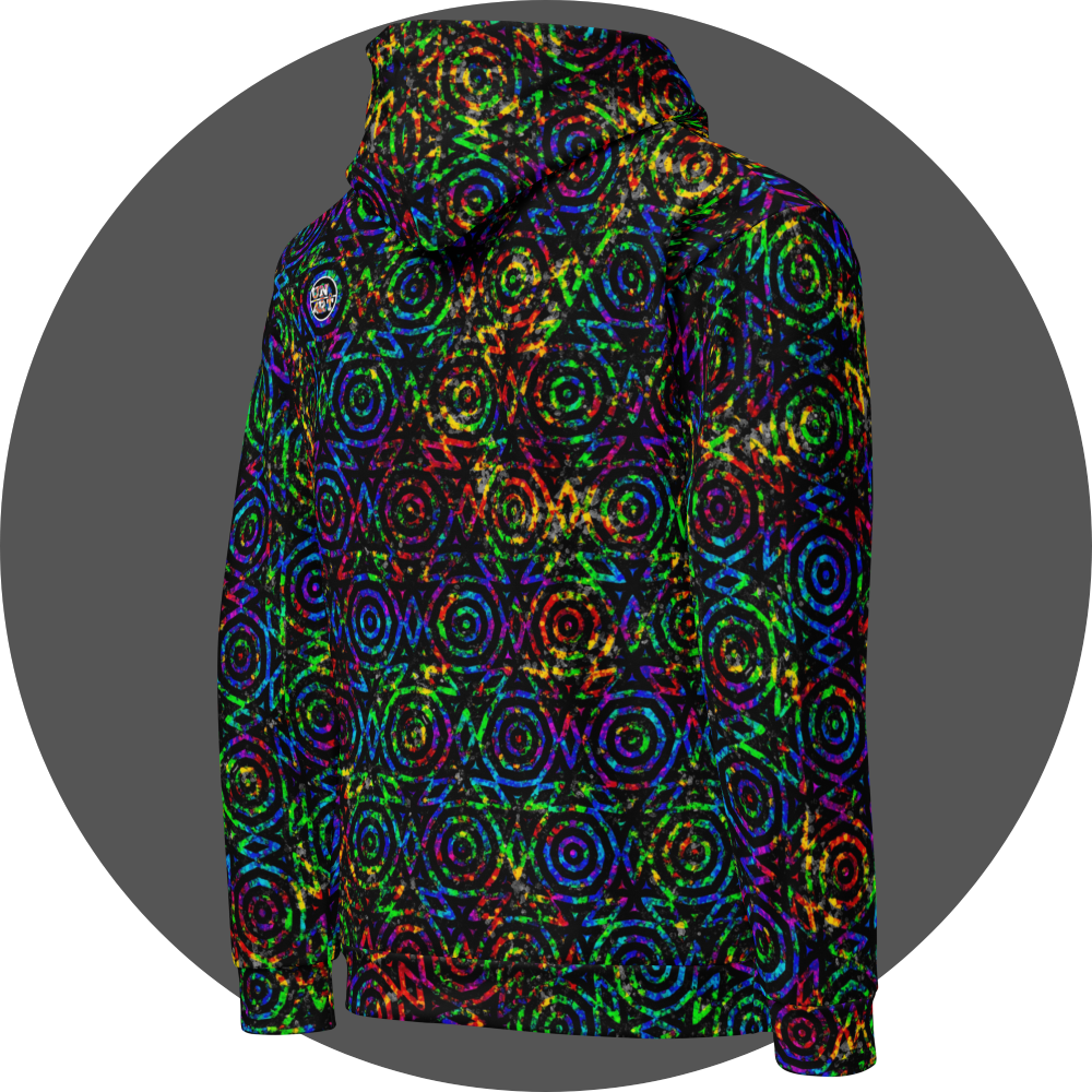 un4rt - the image shows the right back of a hoodie with two superimposed images. the lower image is colorful and shows a wild color pattern. above it lies a repeating pattern of black circles and triangles. in the areas between the circles and triangles, the lower image shines through in all colors. within the black lines of the upper image, the lower image can only be seen in black and white.
