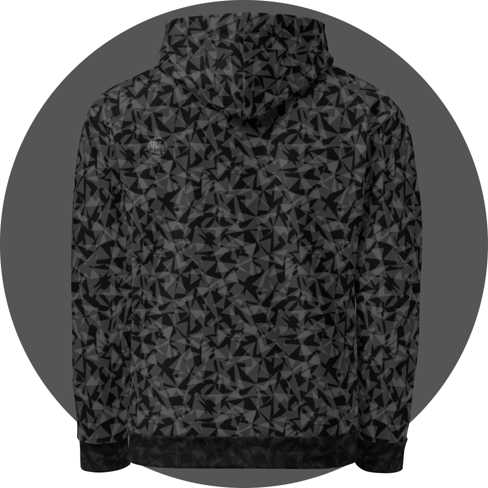 un4rt - the image shows the back of a hoodie with two layers of different and arbitrary angular shapes that are superimposed and shine through each other. the superimposition results in the color tones light grey, dark grey and black. the overall structure is chaotic but uniform.