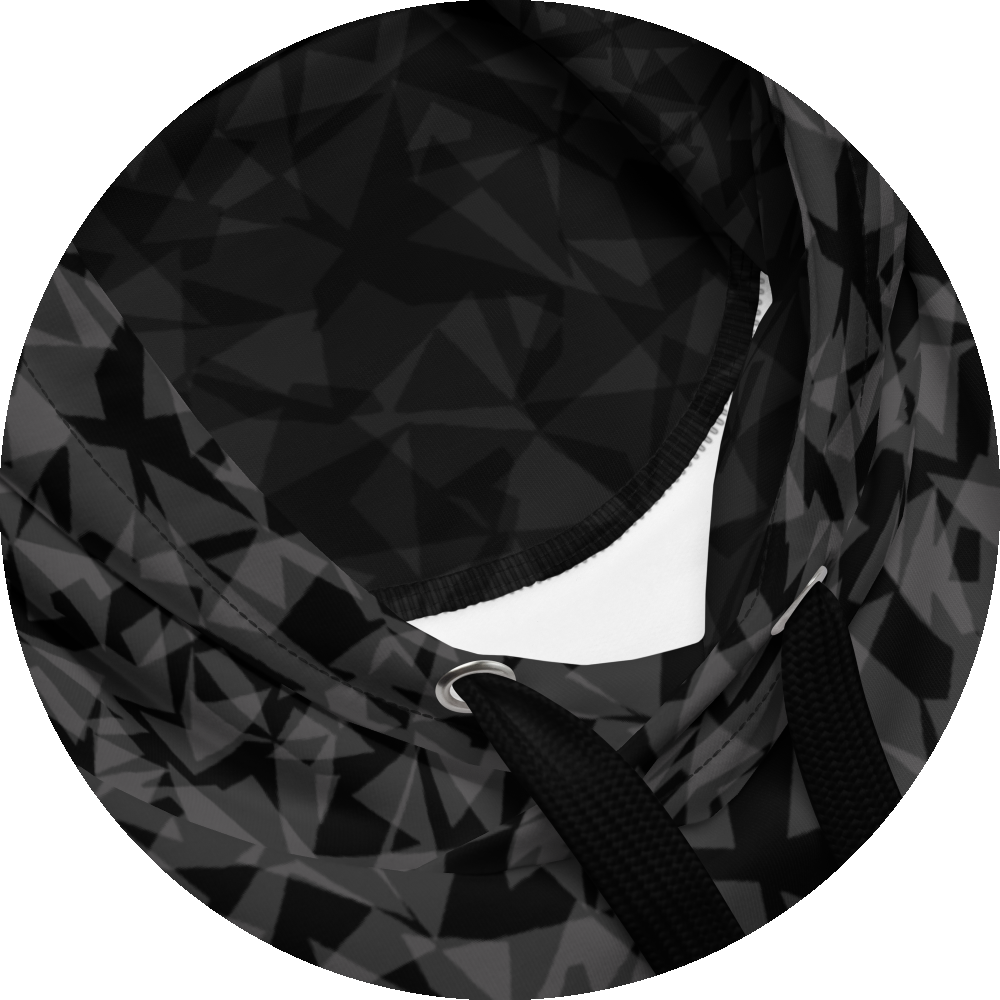 un4rt - the image shows details of a hoodie with two layers of different and arbitrary angular shapes that are superimposed and shine through each other. the superimposition results in the color tones light grey, dark grey and black. the overall structure is chaotic but uniform.