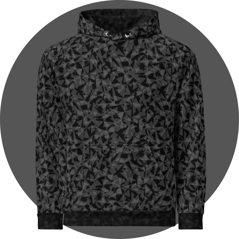 un4rt - the image shows the front of a hoodie with two layers of different and arbitrary angular shapes that are superimposed and shine through each other. the superimposition results in the color tones light grey, dark grey and black. the overall structure is chaotic but uniform.
