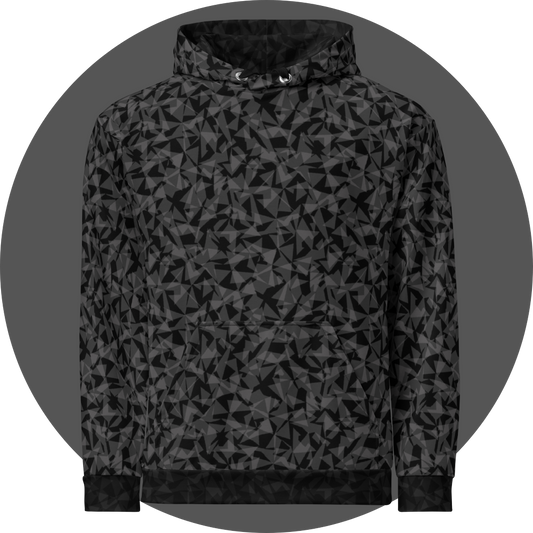 un4rt - the image shows the front of a hoodie with two layers of different and arbitrary angular shapes that are superimposed and shine through each other. the superimposition results in the color tones light grey, dark grey and black. the overall structure is chaotic but uniform.