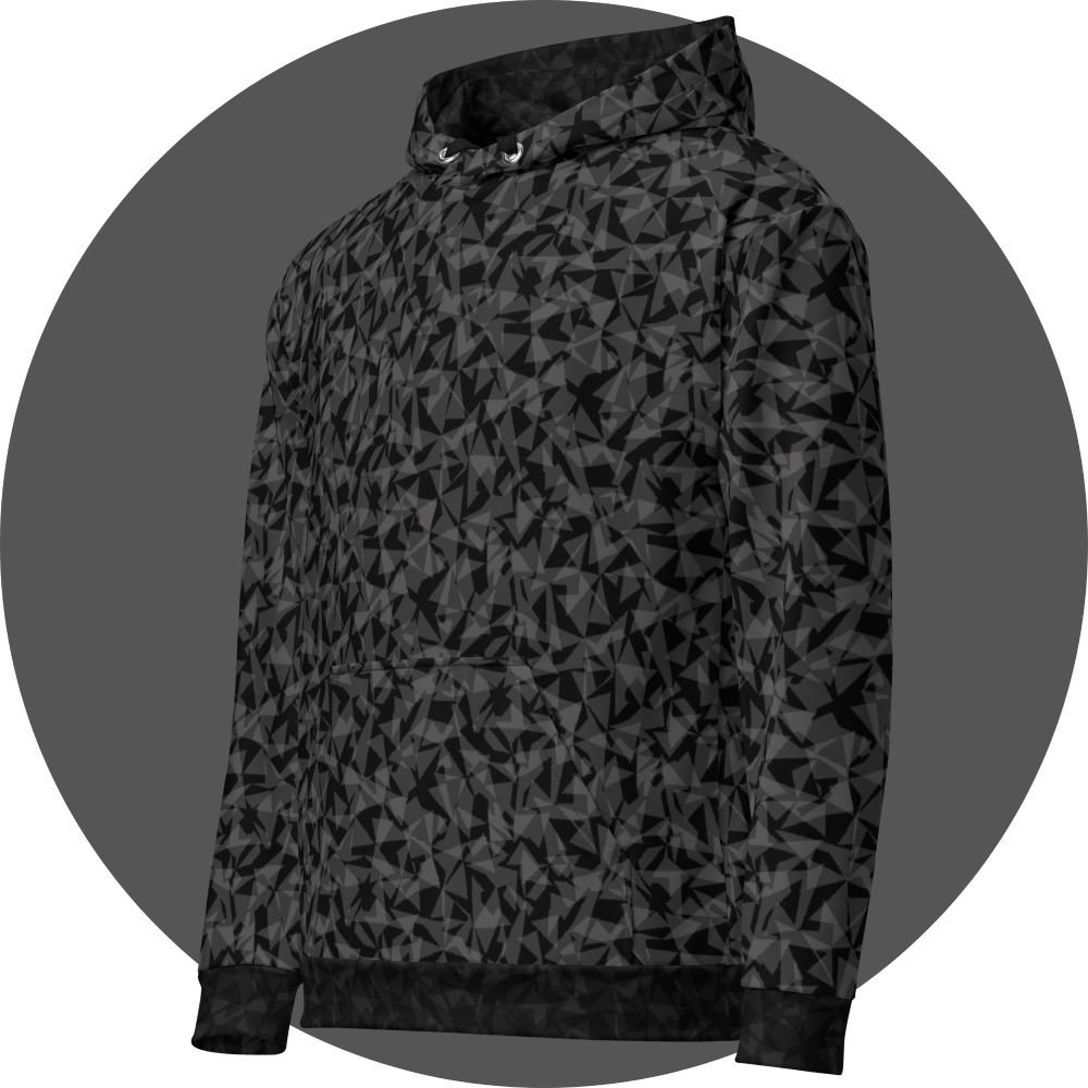 un4rt - the image shows the left front of a hoodie with two layers of different and arbitrary angular shapes that are superimposed and shine through each other. the superimposition results in the color tones light grey, dark grey and black. the overall structure is chaotic but uniform.