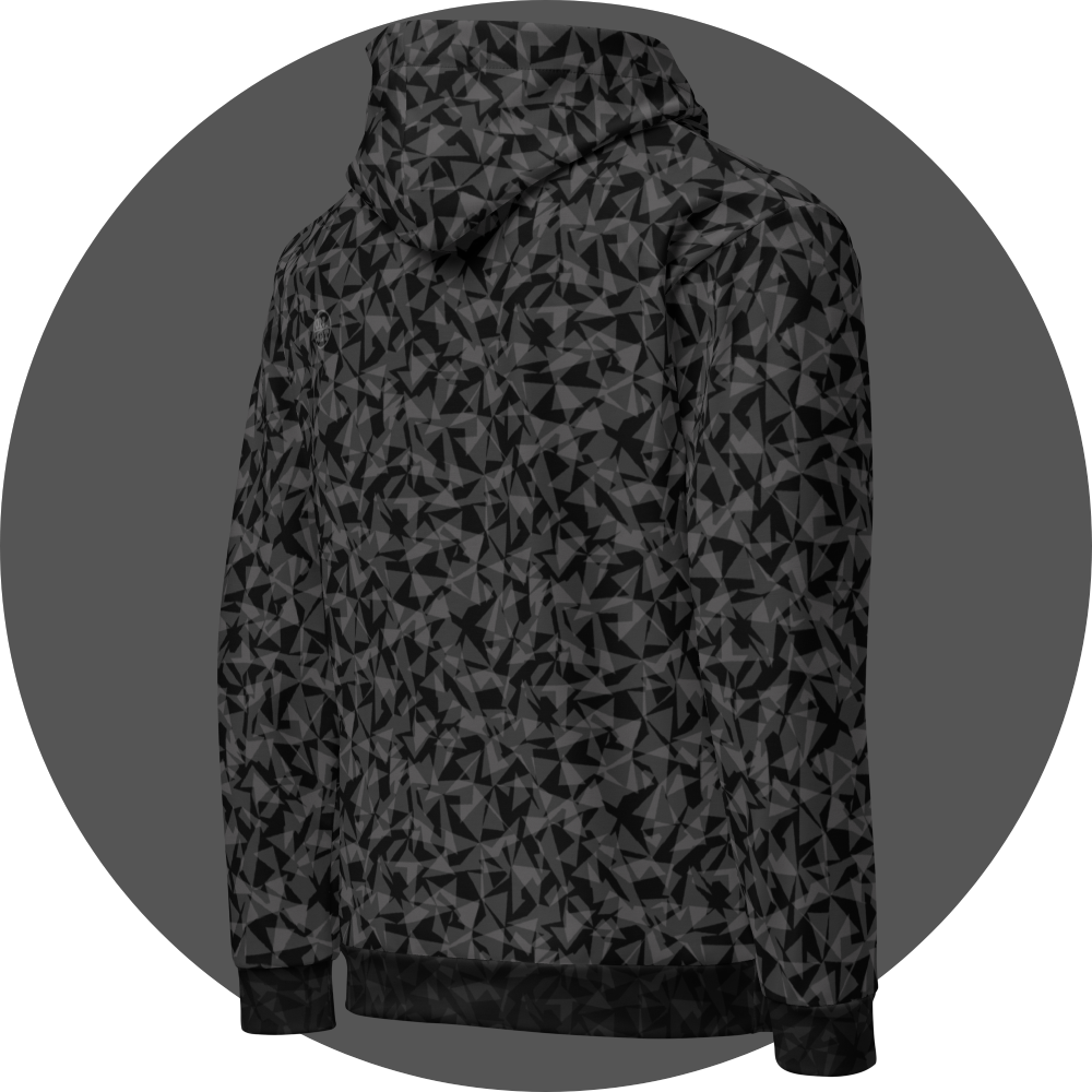 un4rt - the image shows the right back of a hoodie with two layers of different and arbitrary angular shapes that are superimposed and shine through each other. the superimposition results in the color tones light grey, dark grey and black. the overall structure is chaotic but uniform.