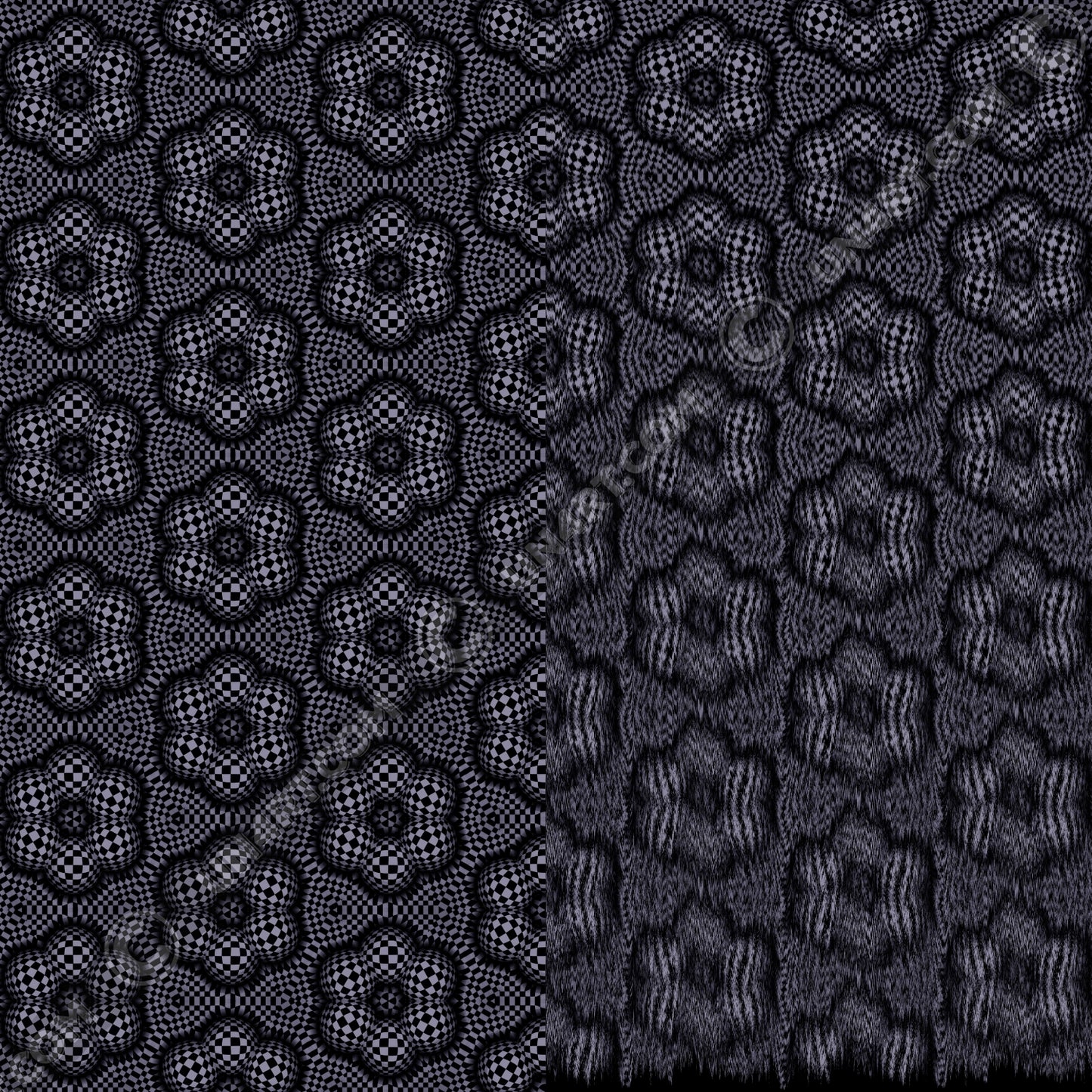 un4rt - the image is split vertically. both sides show the same repeating pattern, but an editing filter has been applied to the right side, blurring the pattern. the pattern has a checkerboard-like basic structure that arches over six spheres arranged in a circle. the spheres that form the circle touch each other. the spaces between the spheres arranged in the circle are flat.