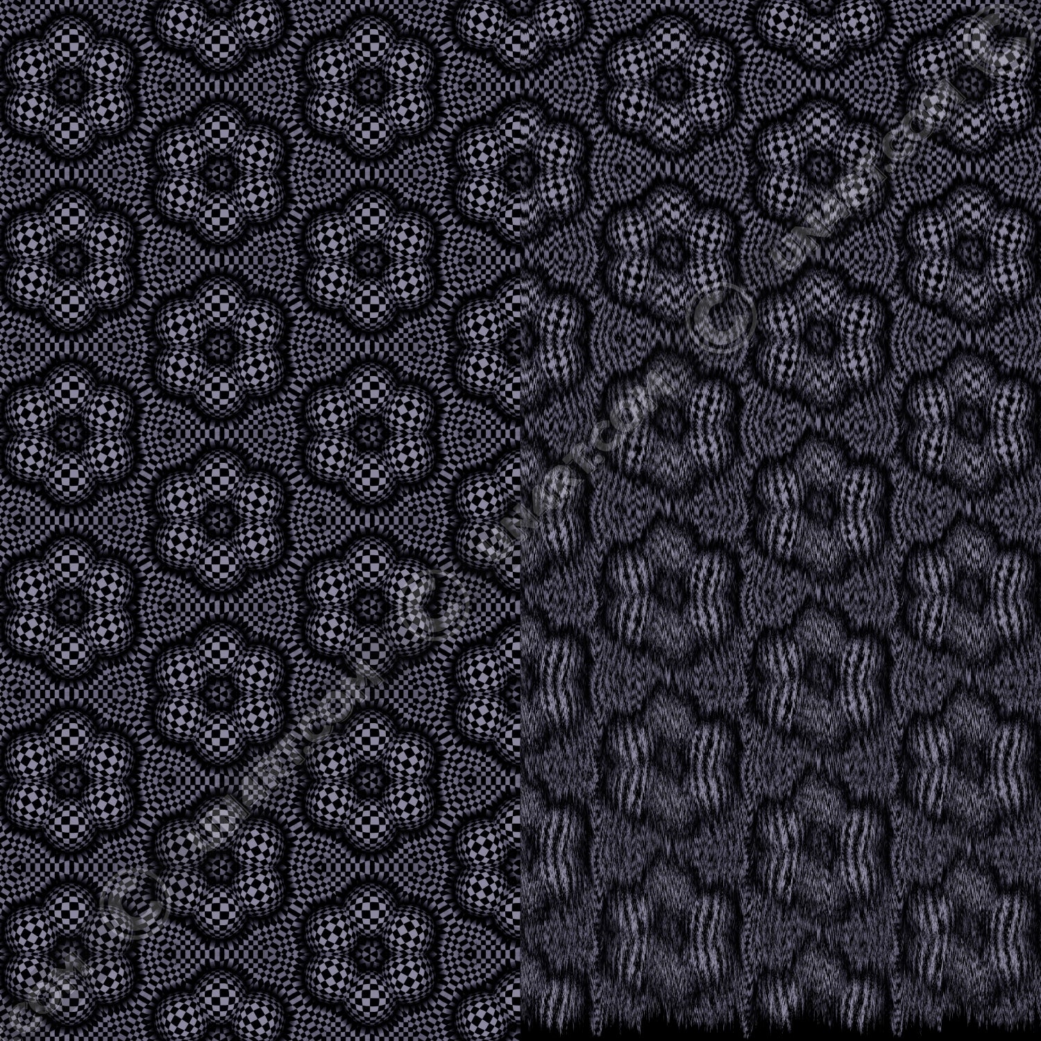 un4rt - the image is split vertically. both sides show the same repeating pattern, but an editing filter has been applied to the right side, blurring the pattern. the pattern has a checkerboard-like basic structure that arches over six spheres arranged in a circle. the spheres that form the circle touch each other. the spaces between the spheres arranged in the circle are flat.