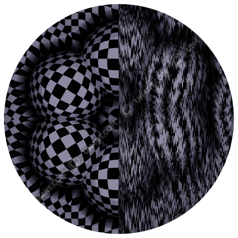 un4rt - the image is split vertically. both sides show the same repeating pattern, but an editing filter has been applied to the right side, blurring the pattern. the pattern has a checkerboard-like basic structure that arches over six spheres arranged in a circle. the spheres that form the circle touch each other. the spaces between the spheres arranged in the circle are flat.