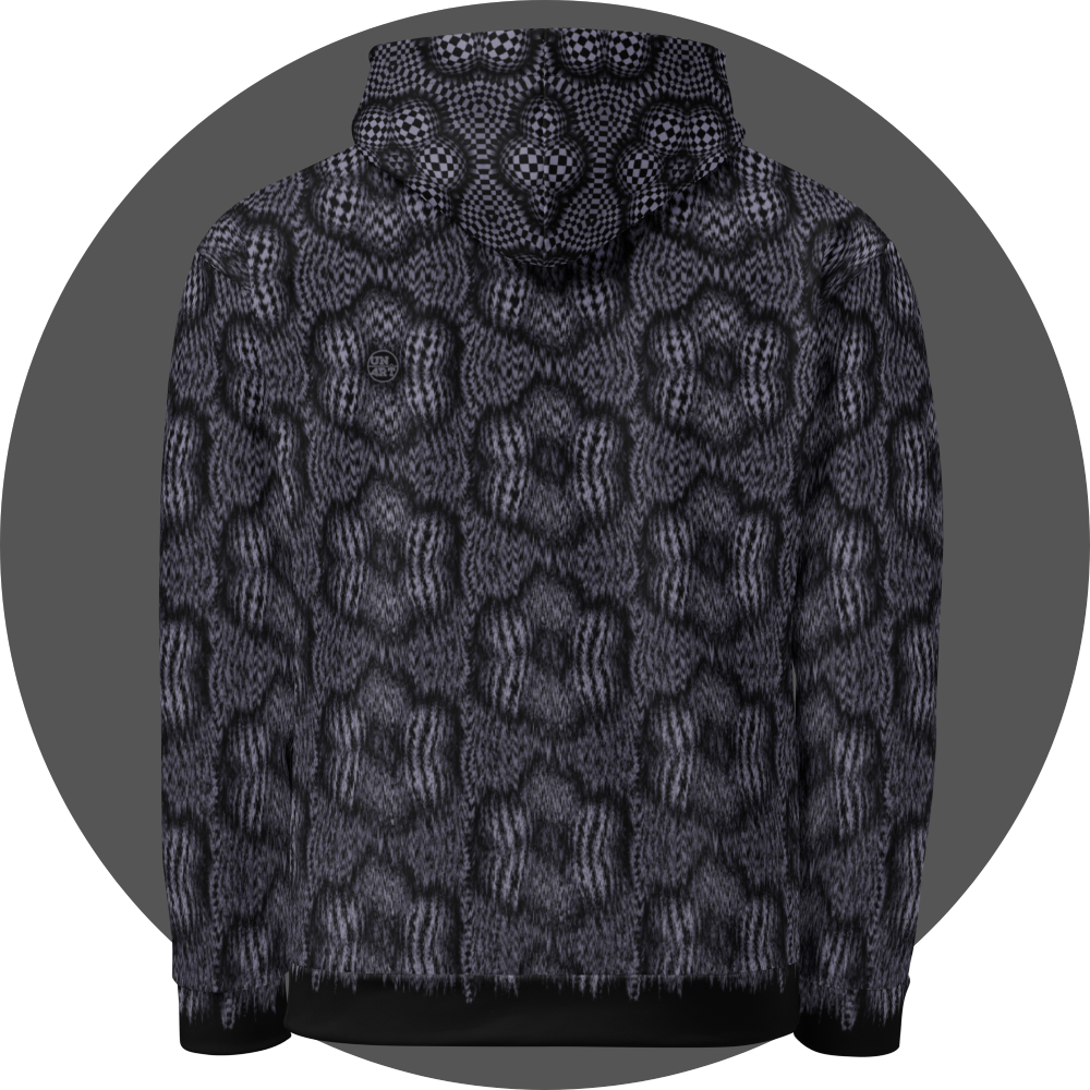 un4rt - the image shows the back of a hoodie with a pattern that has a checkerboard-like basic structure that arches over six spheres arranged in a circle. the spheres that form the circle touch each other. the spaces between the spheres arranged in the circle are flat. the image appears unsharp at the bottom of the hoddie and sharp at the top.