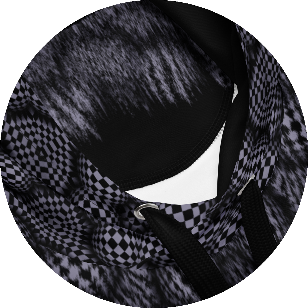 un4rt - the image shows details of a hoodie with a pattern that has a checkerboard-like basic structure that arches over six spheres arranged in a circle. the spheres that form the circle touch each other. the spaces between the spheres arranged in the circle are flat. the image appears unsharp in some areas and sharp in other areas.