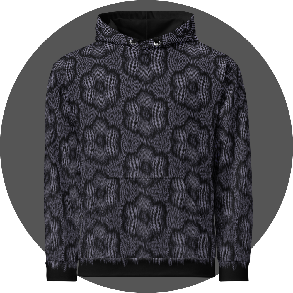 un4rt - the image shows the front of a hoodie with a pattern that has a checkerboard-like basic structure that arches over six spheres arranged in a circle. the spheres that form the circle touch each other. the spaces between the spheres arranged in the circle are flat. the image appears unsharp at the bottom of the hoddie and sharp at the top.