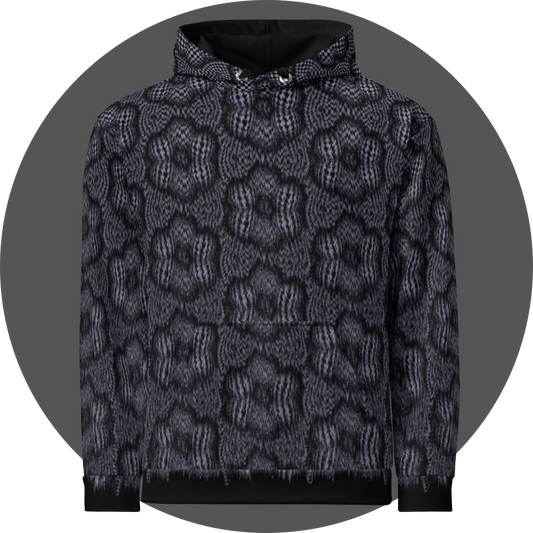 un4rt - the image shows the front of a hoodie with a pattern that has a checkerboard-like basic structure that arches over six spheres arranged in a circle. the spheres that form the circle touch each other. the spaces between the spheres arranged in the circle are flat. the image appears unsharp at the bottom of the hoddie and sharp at the top.