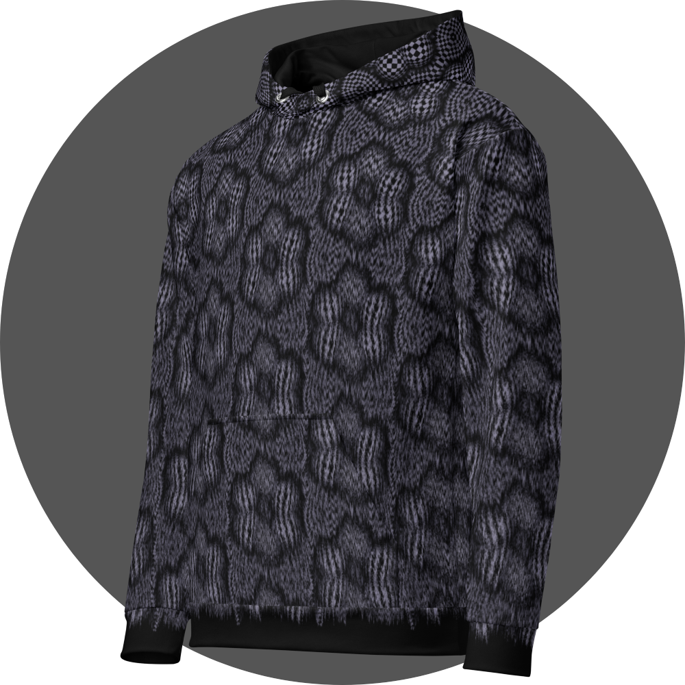 un4rt - the image shows the left front of a hoodie with a pattern that has a checkerboard-like basic structure that arches over six spheres arranged in a circle. the spheres that form the circle touch each other. the spaces between the spheres arranged in the circle are flat. the image appears unsharp at the bottom of the hoddie and sharp at the top.