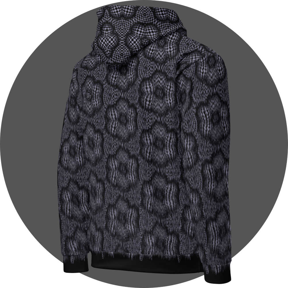 un4rt - the image shows the right back of a hoodie with a pattern that has a checkerboard-like basic structure that arches over six spheres arranged in a circle. the spheres that form the circle touch each other. the spaces between the spheres arranged in the circle are flat. the image appears unsharp at the bottom of the hoddie and sharp at the top.