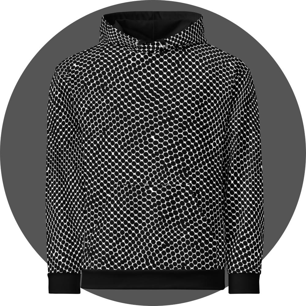 un4rt - the image shows the front of a hoodie with black dots on a white background. the dots are irregular but mainly round. the dots are arranged in soft curves. some of the dots touch each other and merge.