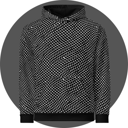 un4rt - the image shows the front of a hoodie with black dots on a white background. the dots are irregular but mainly round. the dots are arranged in soft curves. some of the dots touch each other and merge.