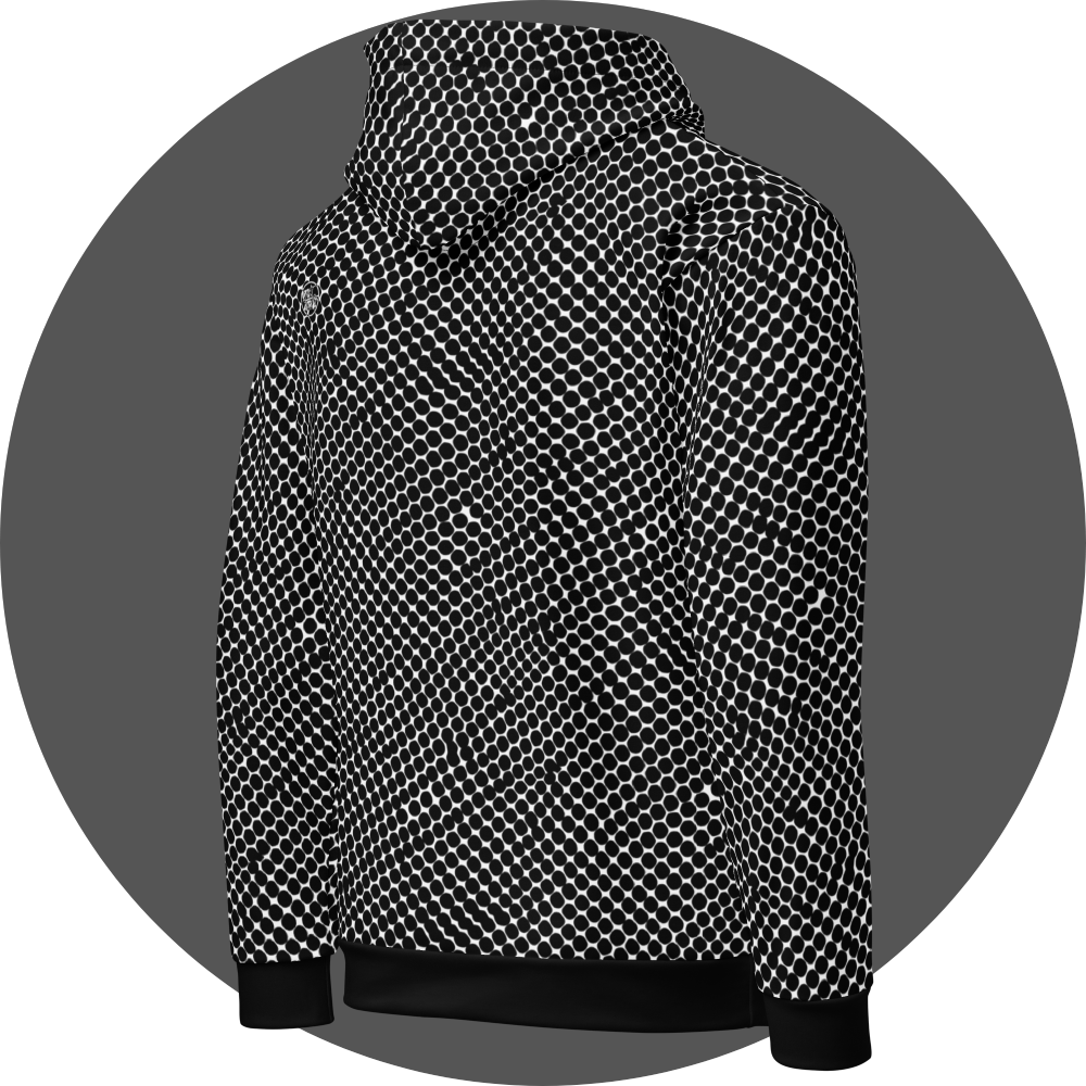 un4rt - the image shows the right back of a hoodie with black dots on a white background. the dots are irregular but mainly round. the dots are arranged in soft curves. some of the dots touch each other and merge.