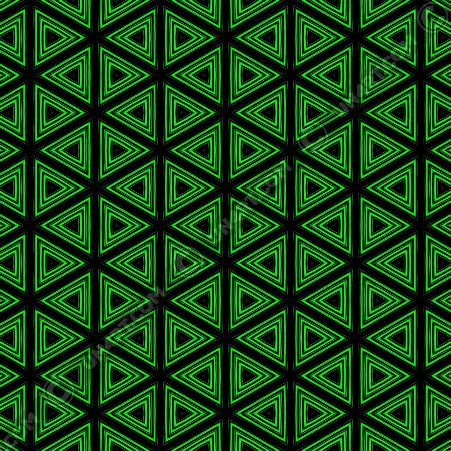 un4rt- the image shows a repeating pattern made of triangles. each triangle is mirrored horizontal and vertical over and over again. the triangles are made of three thick and green lines with soft borders. the space between the triangles and between the green lines is black.