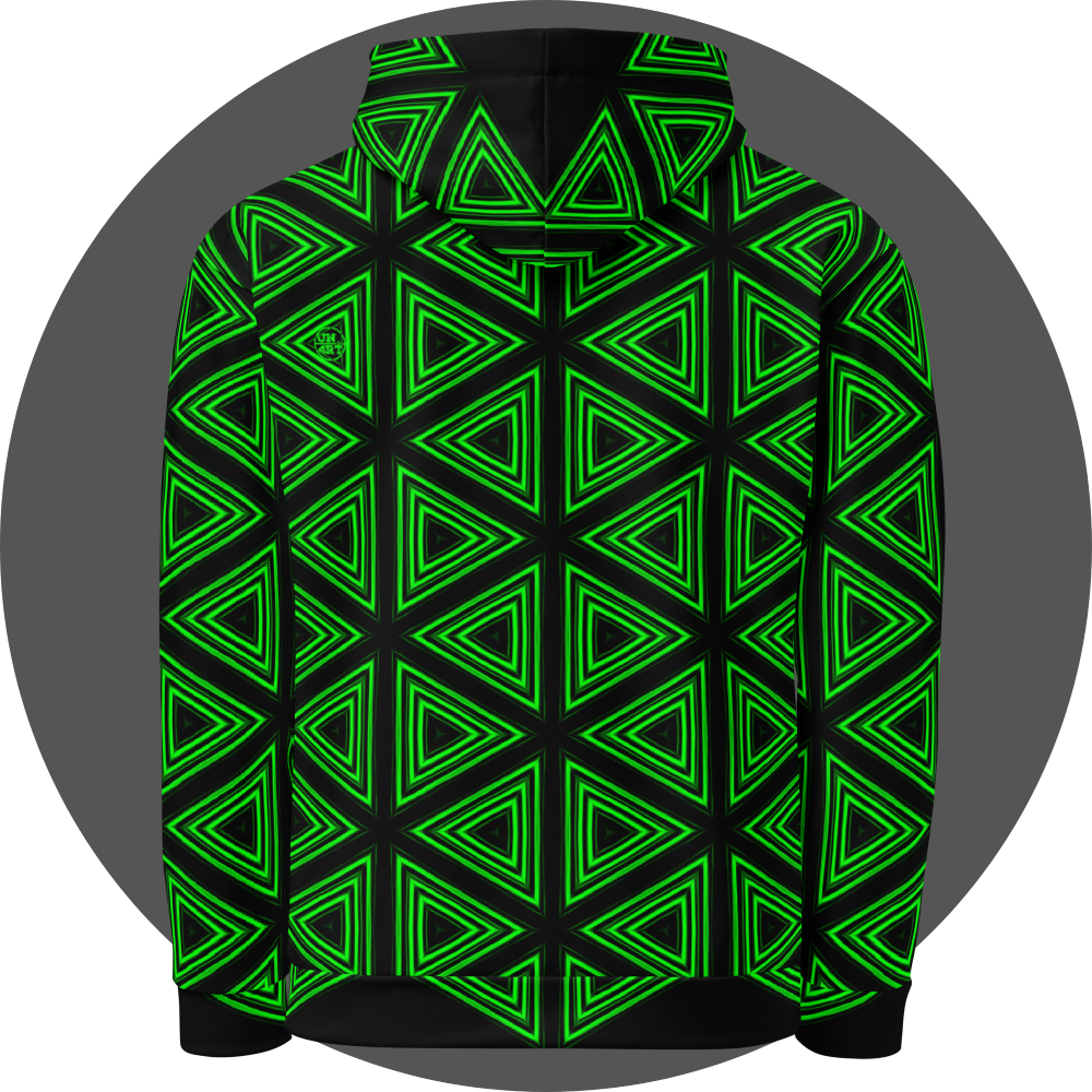 un4rt- the image shows the back of a hoodie with a repeating pattern made of triangles. each triangle is mirrored horizontal and vertical over and over again. the triangles are made of three thick and green lines with soft borders. the space between the triangles and between the green lines is black.