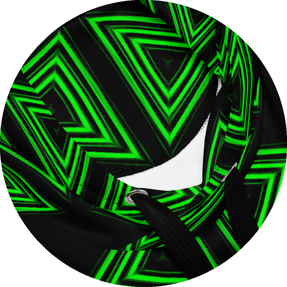 un4rt- the image shows details of a hoodie with a repeating pattern made of triangles. each triangle is mirrored horizontal and vertical over and over again. the triangles are made of three thick and green lines with soft borders. the space between the triangles and between the green lines is black.