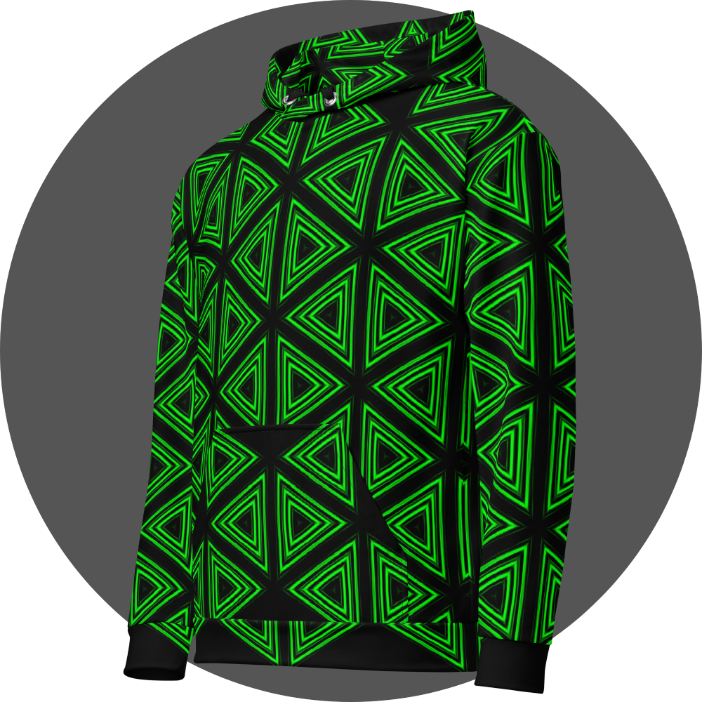 un4rt- the image shows the left front of a hoodie with a repeating pattern made of triangles. each triangle is mirrored horizontal and vertical over and over again. the triangles are made of three thick and green lines with soft borders. the space between the triangles and between the green lines is black.