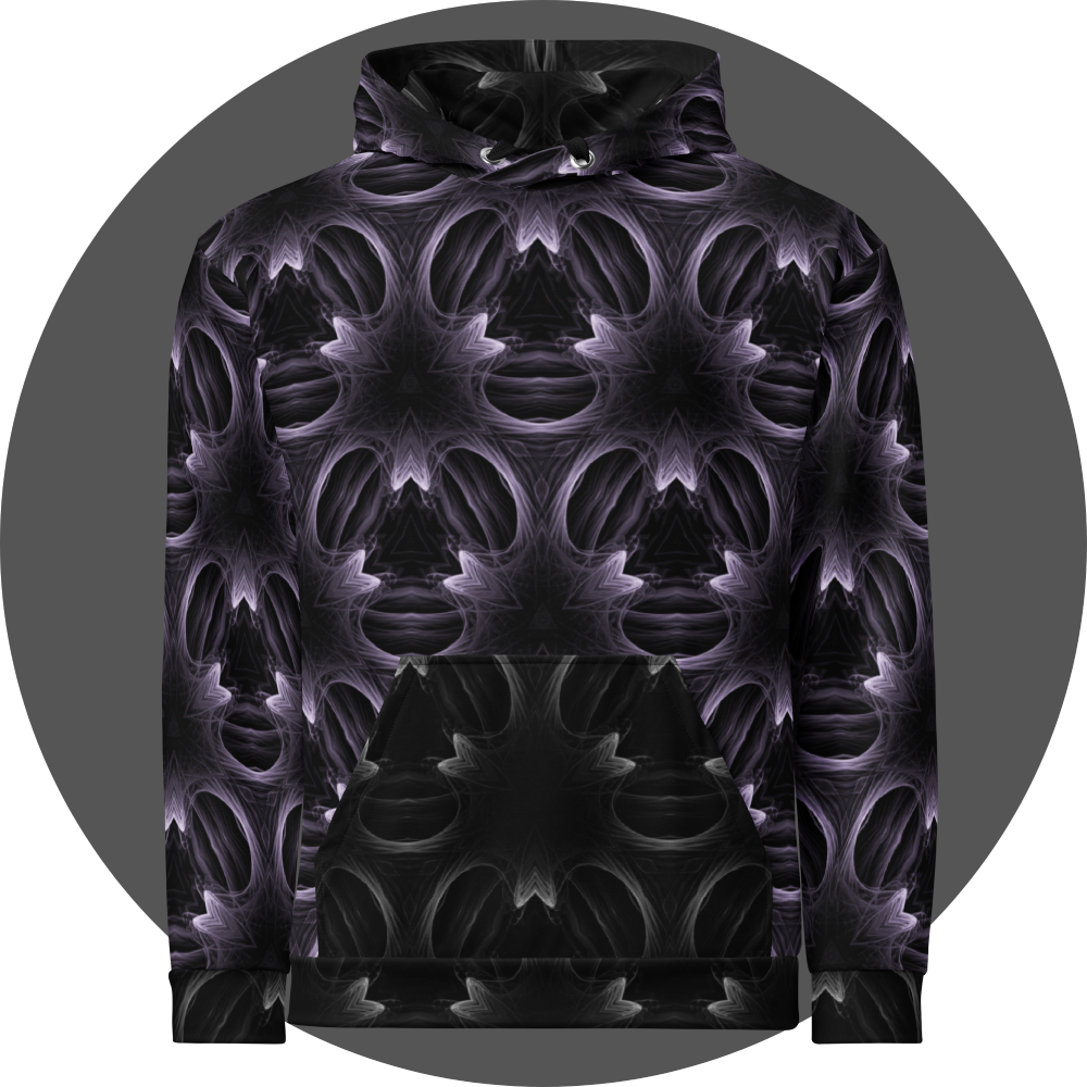 un4rt - the image shows the front of a hoodie with a seamless pattern. the pattern has a three-sided basic structure with fine lines that run both straight and curved. the background of the pattern is black, the lines are bright white.