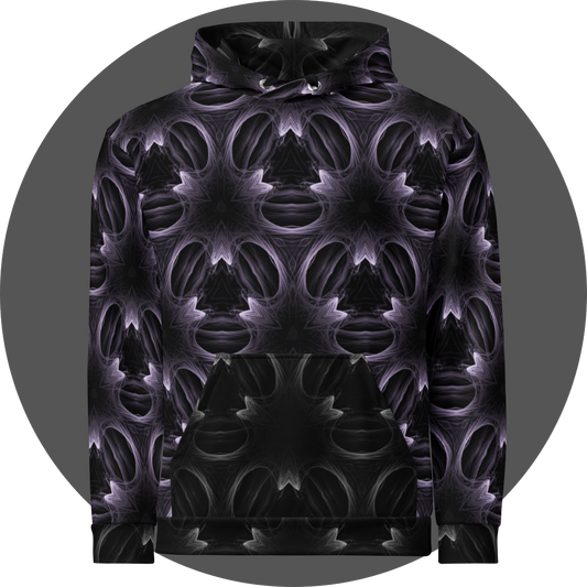 un4rt - the image shows the front of a hoodie with a seamless pattern. the pattern has a three-sided basic structure with fine lines that run both straight and curved. the background of the pattern is black, the lines are bright white.