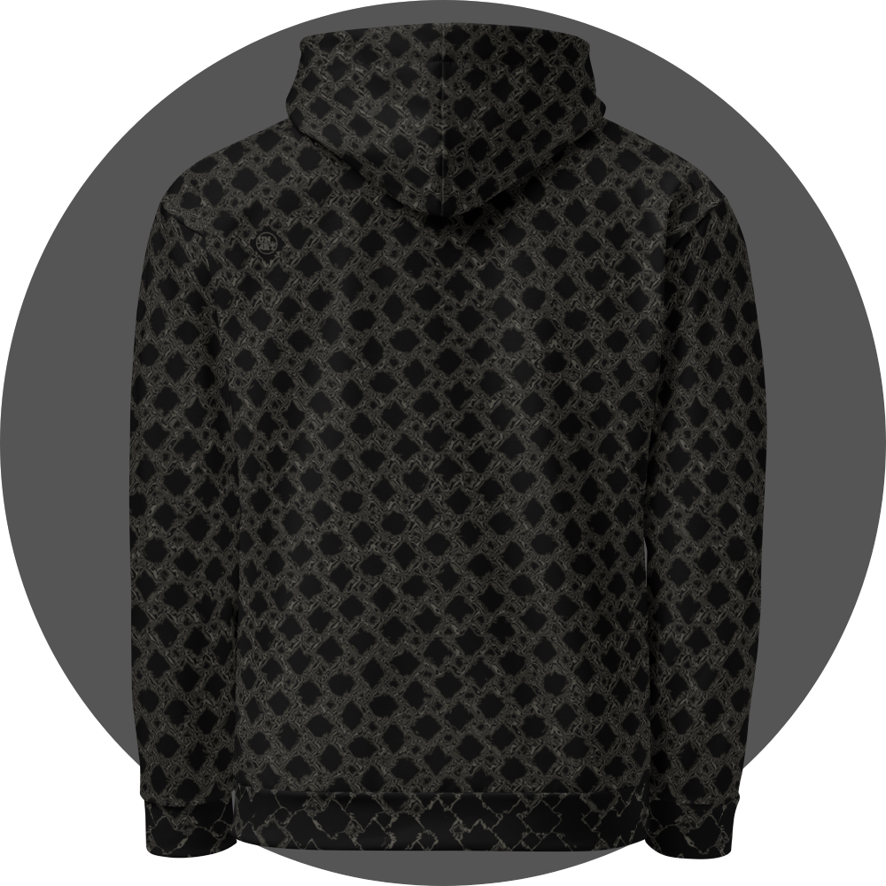 un4rt - the image shows the back of a hoodie with a grid pattern with liquefying squares. each square shows a slightly different transformation. the background is black. the connection between the squares is also liquefied, colored in two different tones of grey.