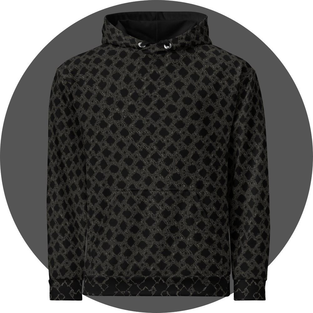 un4rt - the image shows the front of a hoodie with a grid pattern with liquefying squares. each square shows a slightly different transformation. the background is black. the connection between the squares is also liquefied, colored in two different tones of grey.