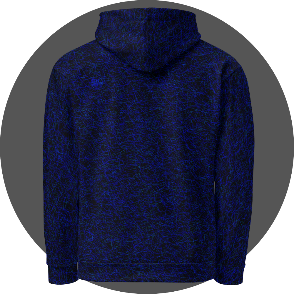 un4rt - the image shows the back of a hoodie with a chaotic grid network pattern of thin blue lines with some cyan accents. the background is black.