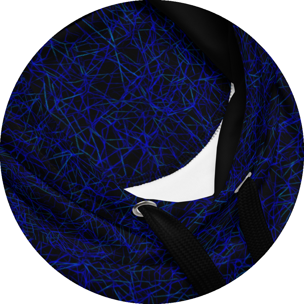 un4rt - the image shows details of a hoodie with a chaotic grid network pattern of thin blue lines with some cyan accents. the background is black.