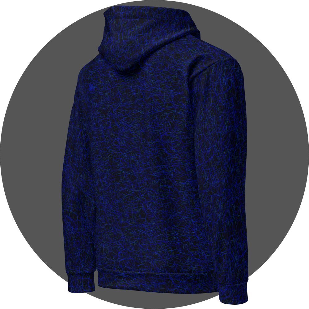 un4rt - the image shows the right back of a hoodie with a chaotic grid network pattern of thin blue lines with some cyan accents. the background is black.